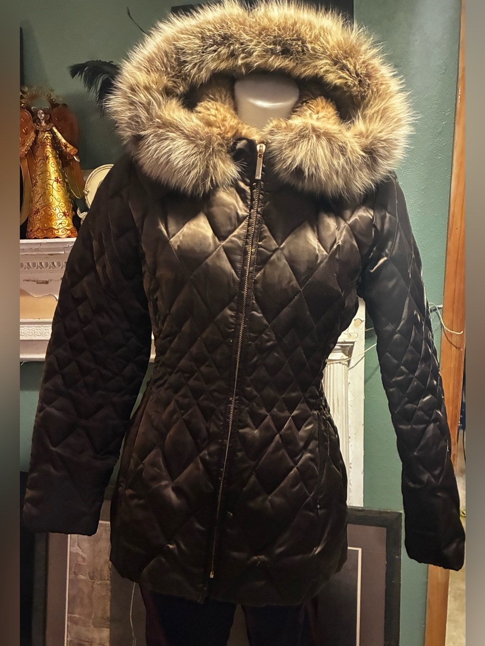 Laundry by Shellli Segal brown Quilted Fur-Trim Hooded Jacket-M
